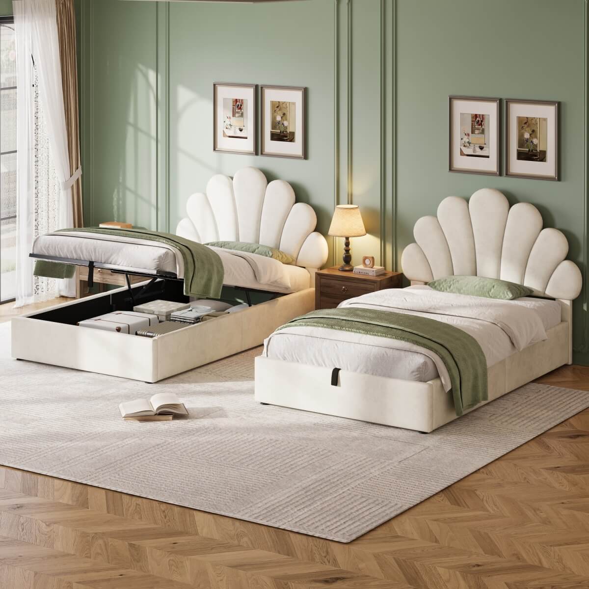 3ft Single Ottoman Storage Bed with Petal Headboard - Upholstered Velvet Bed Frame
