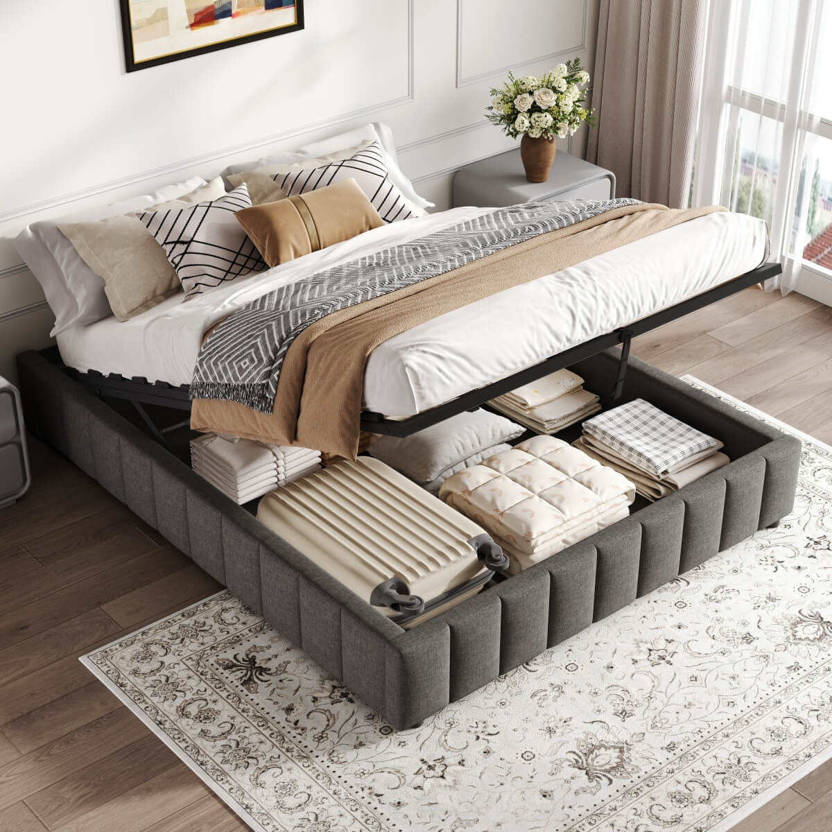 4ft6 Double Ottoman Storage Bed Frame Grey Linen – Hydraulic Lift Up Bed Base with Metal Frame