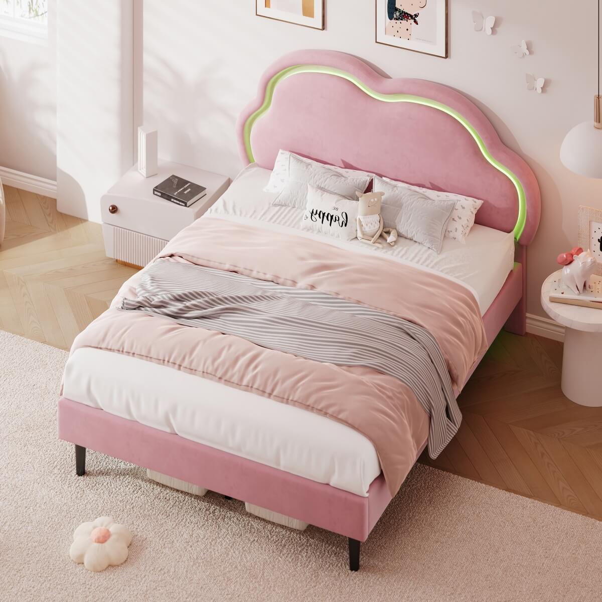 4ft6 Double Velvet Bed Frame - LED Cloud Headboard, Adjustable Height, Pink