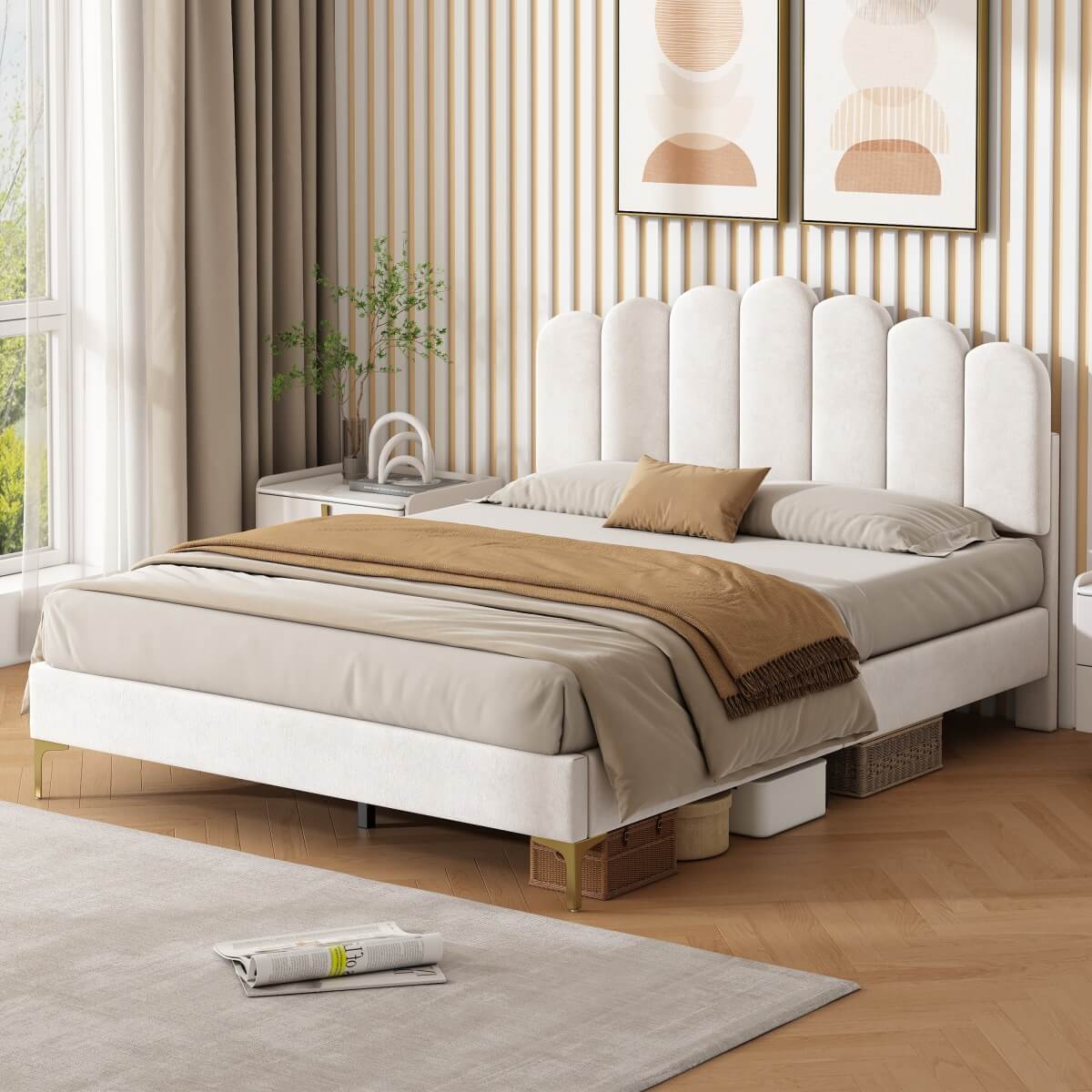 4ft6 Double Velvet Bed Frame - Scalloped Tufted Headboard, Adjustable Height, Gold Legs, Beige
