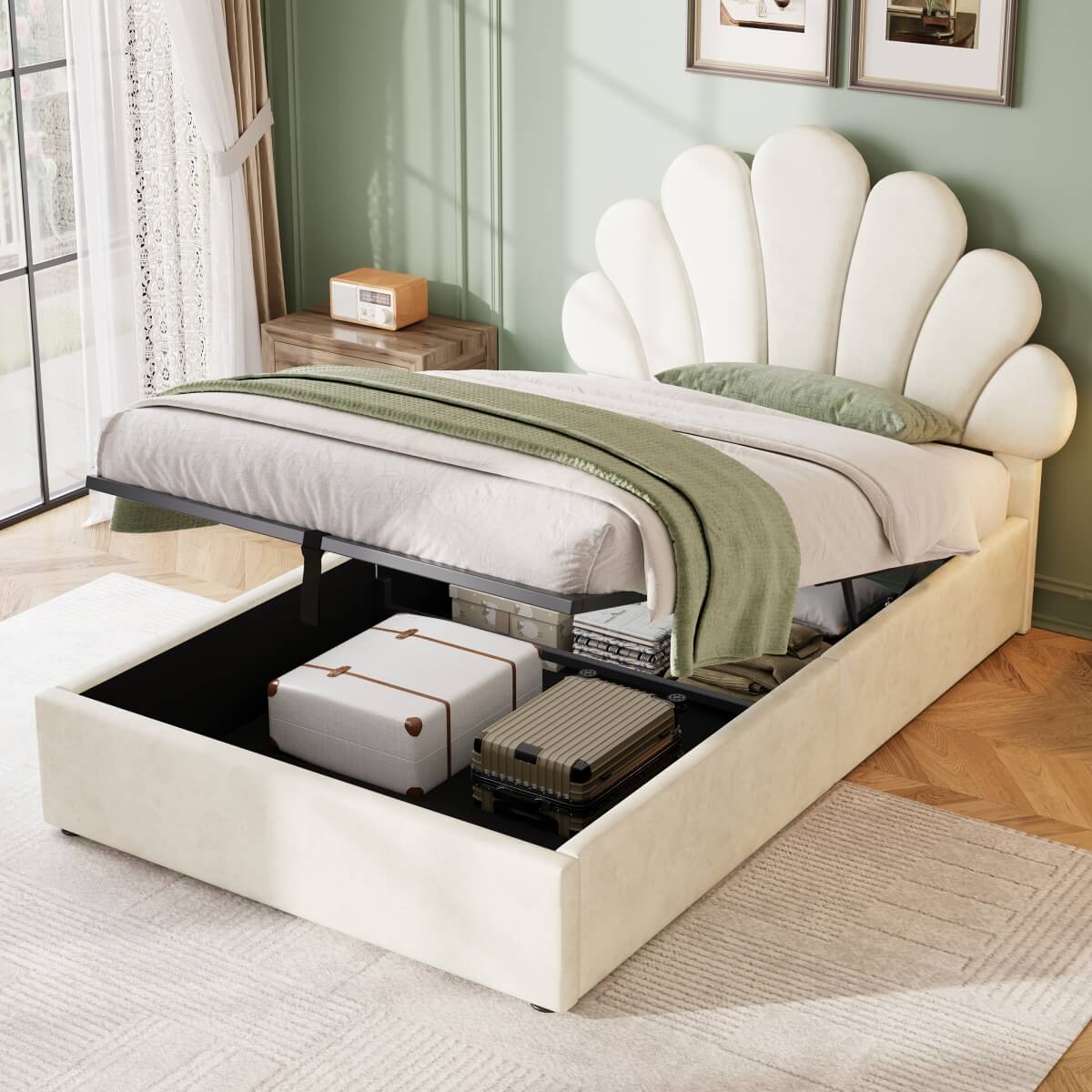 3ft Single Ottoman Storage Bed with Petal Headboard - Upholstered Velvet Bed Frame