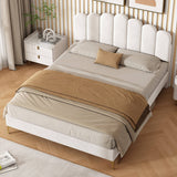 4ft6 Double Velvet Bed Frame - Scalloped Tufted Headboard, Adjustable Height, Gold Legs, Beige