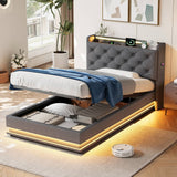 3ft Single Ottoman Bed with LED Headboard & Charging Station - Upholstered Storage Bed Frame, Grey