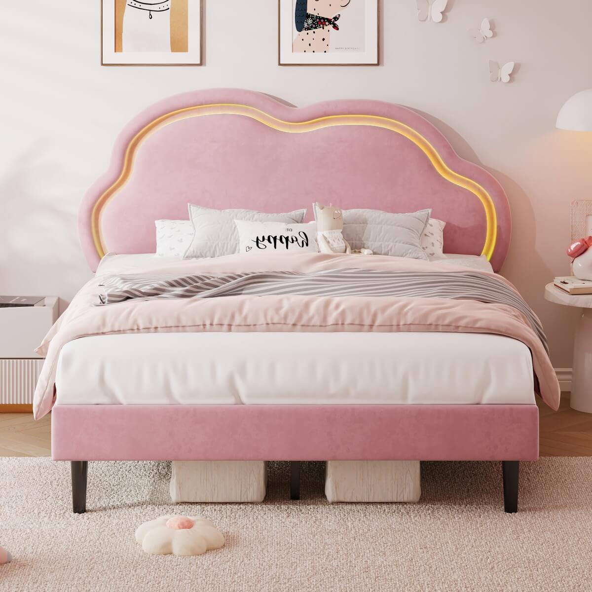 4ft6 Double Velvet Bed Frame - LED Cloud Headboard, Adjustable Height, Pink