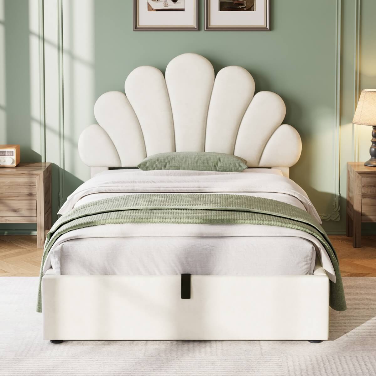3ft Single Ottoman Storage Bed with Petal Headboard - Upholstered Velvet Bed Frame