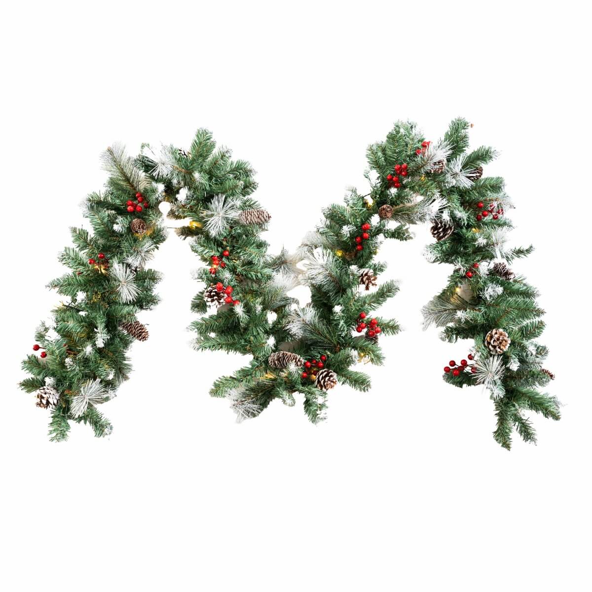 Realistic PVC Christmas Garland - Lush Foliage with Pine Cones, Red Berries & Pre-Lit LED Lights
