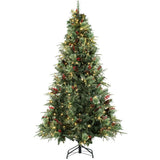Realistic Green Artificial Christmas Tree with Pine Cones & Red Berries - Pre-Lit Warm White LED PVC Xmas Tree, Easy Setup, 5ft/6ft/7ft