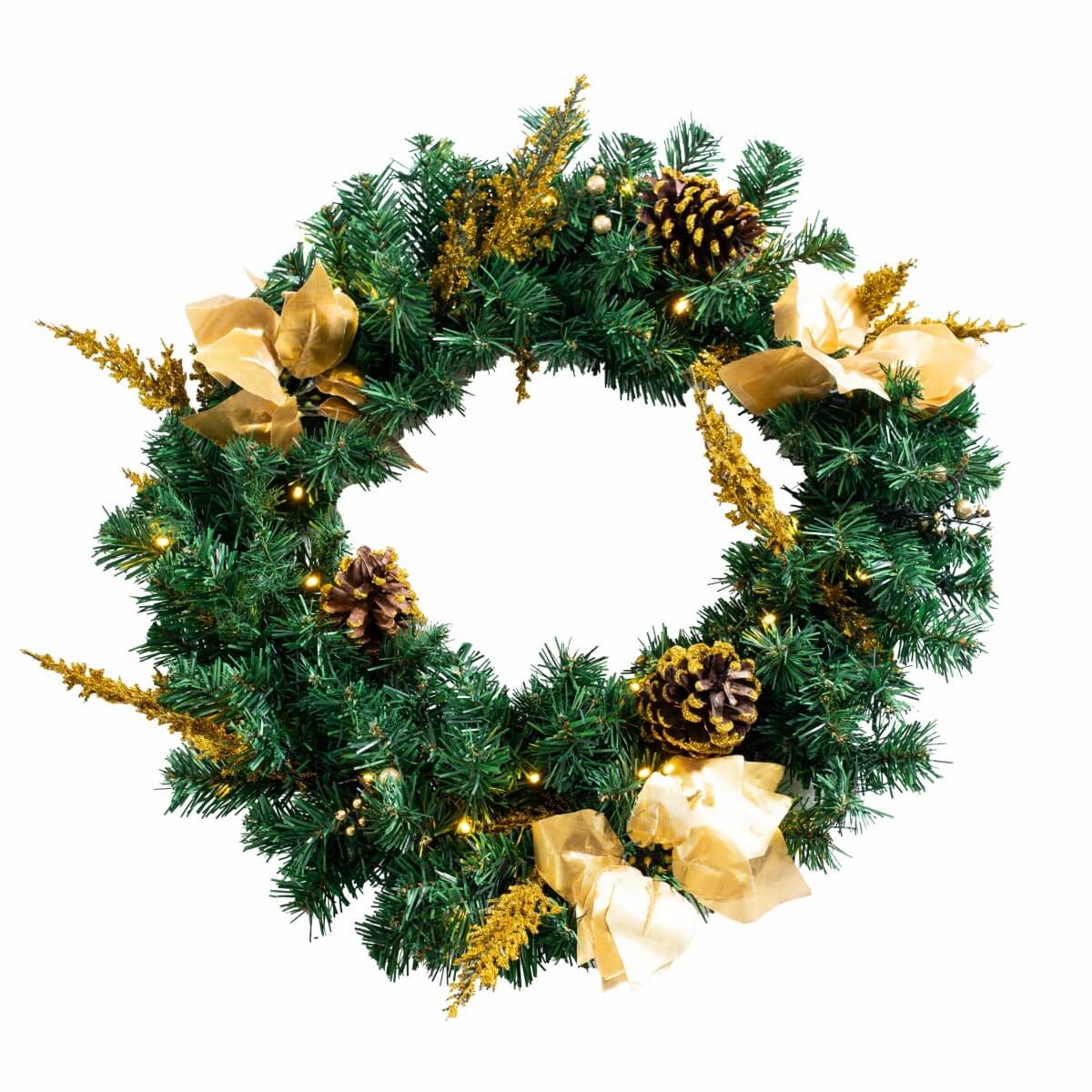 Christmas Wreath with Gold Flowers & Red Berries - PVC Wreath with Pre-Lit LED Lights & Gold Branches