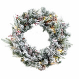 Snow-Flocked Christmas Wreath with Pine Cones & Red Berries - PVC Wreath with Pre-Lit LED Lights