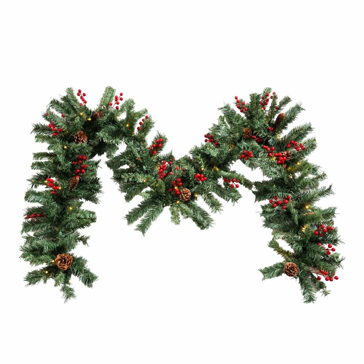 PVC Christmas Garland - Pine Cones & Red Berries with Pre-Lit LED Lights
