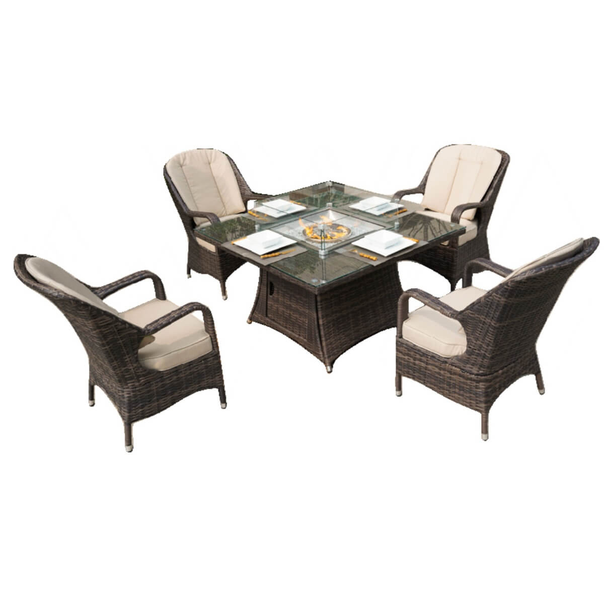 4-Seater Rattan Fire Pit Table Set - Square Gas Fire Pit Table with Wind Guard & Tempered Glass, Brown