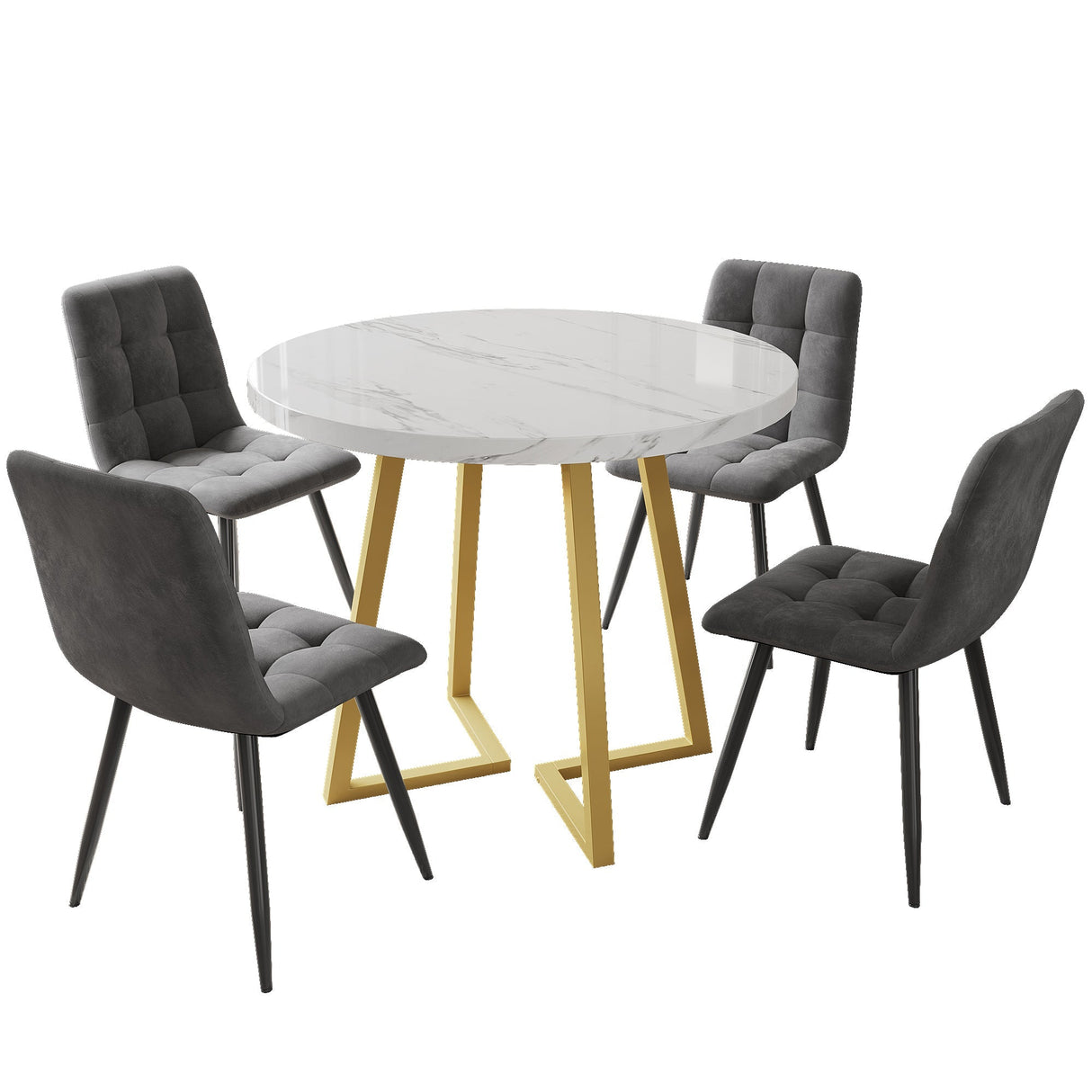 Dining Table Set (5 Pieces) with 4 Chairs, 80cm Round White MDF Table & Dark Grey Velvet Chairs