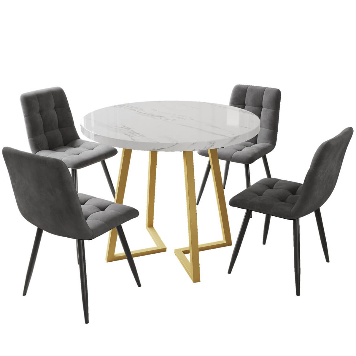 5 Piece Round Dining Table Set - Modern Kitchen Table with 4 Velvet Chairs & Gold Legs
