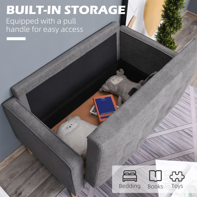 Modern 2 Seater Sofa with Hidden Storage & Wood Legs, Tufted Cotton Grey