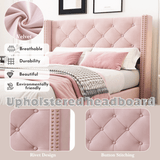 3ft Single Velvet Bed Frame - Upholstered Bed with Button & Stud Headboard, Wooden Legs, Pink