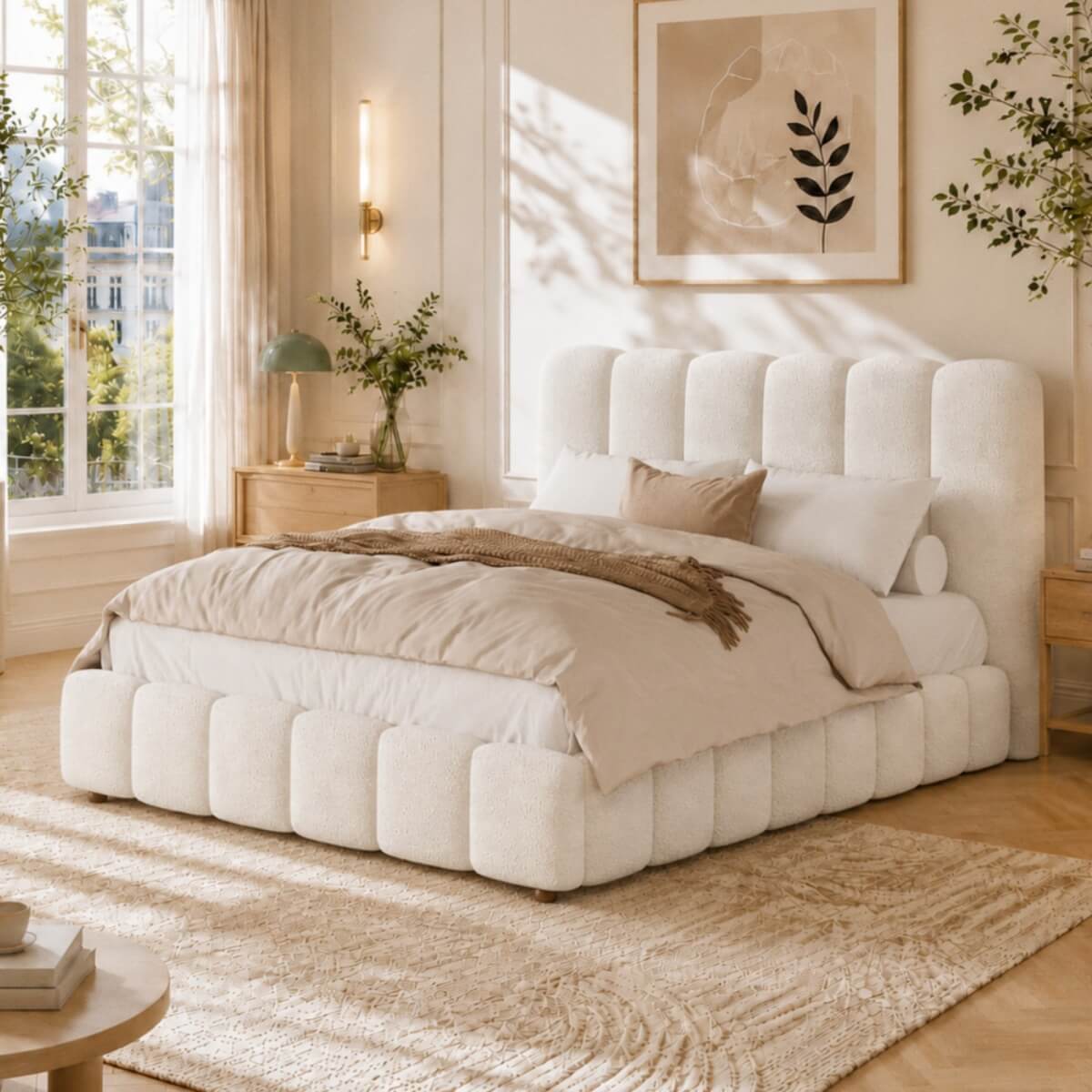4ft6 Double Upholstered Bed with Hydraulic Storage - White Bouclé Bed Frame with Padded Headboard & Slatted Base
