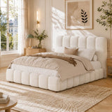 4ft6 Double Upholstered Bed with Hydraulic Storage - White Bouclé Bed Frame with Padded Headboard & Slatted Base