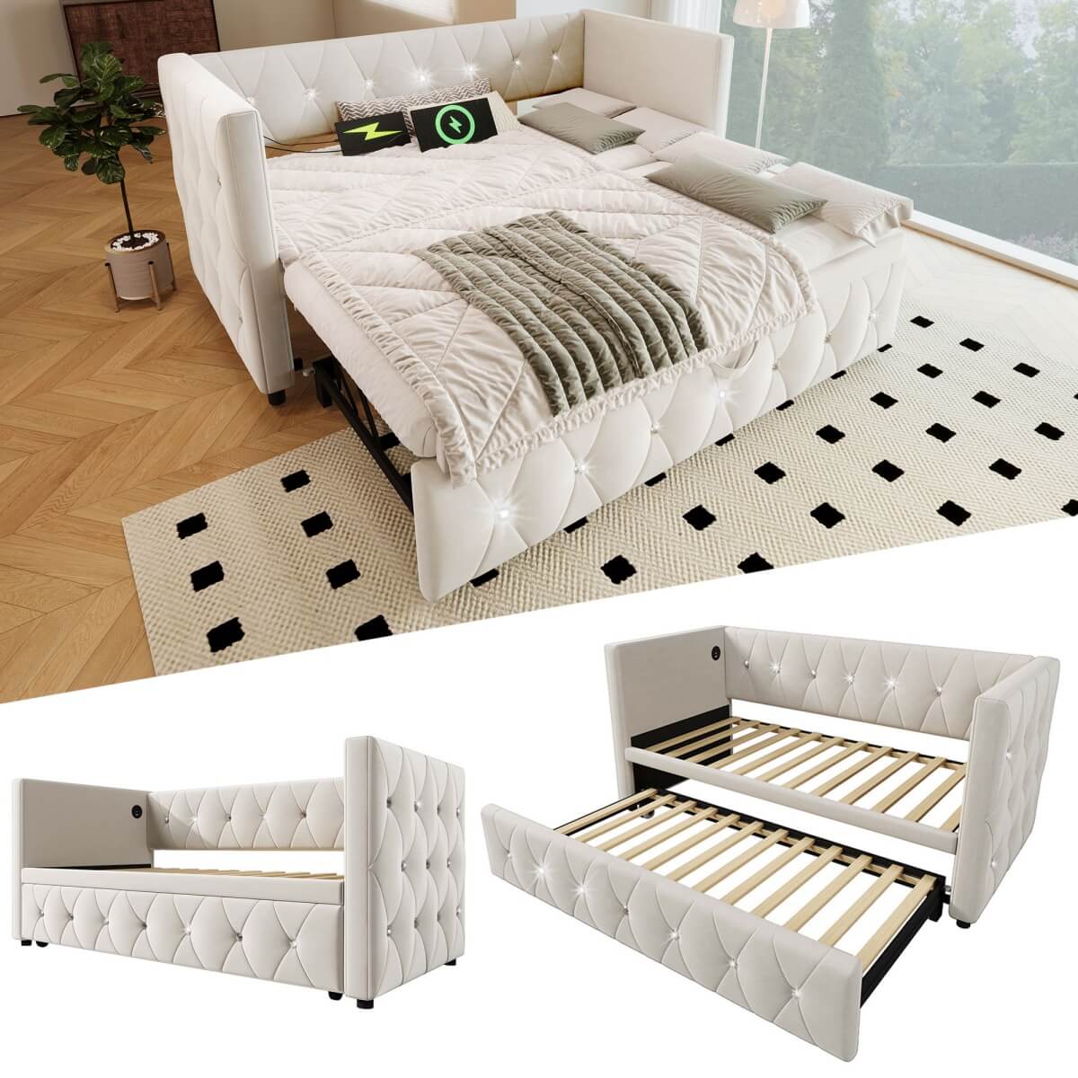 3ft Velvet Daybed with Trundle - Upholstered Sofa Bed with USB & Type-C Charging Ports, Beige