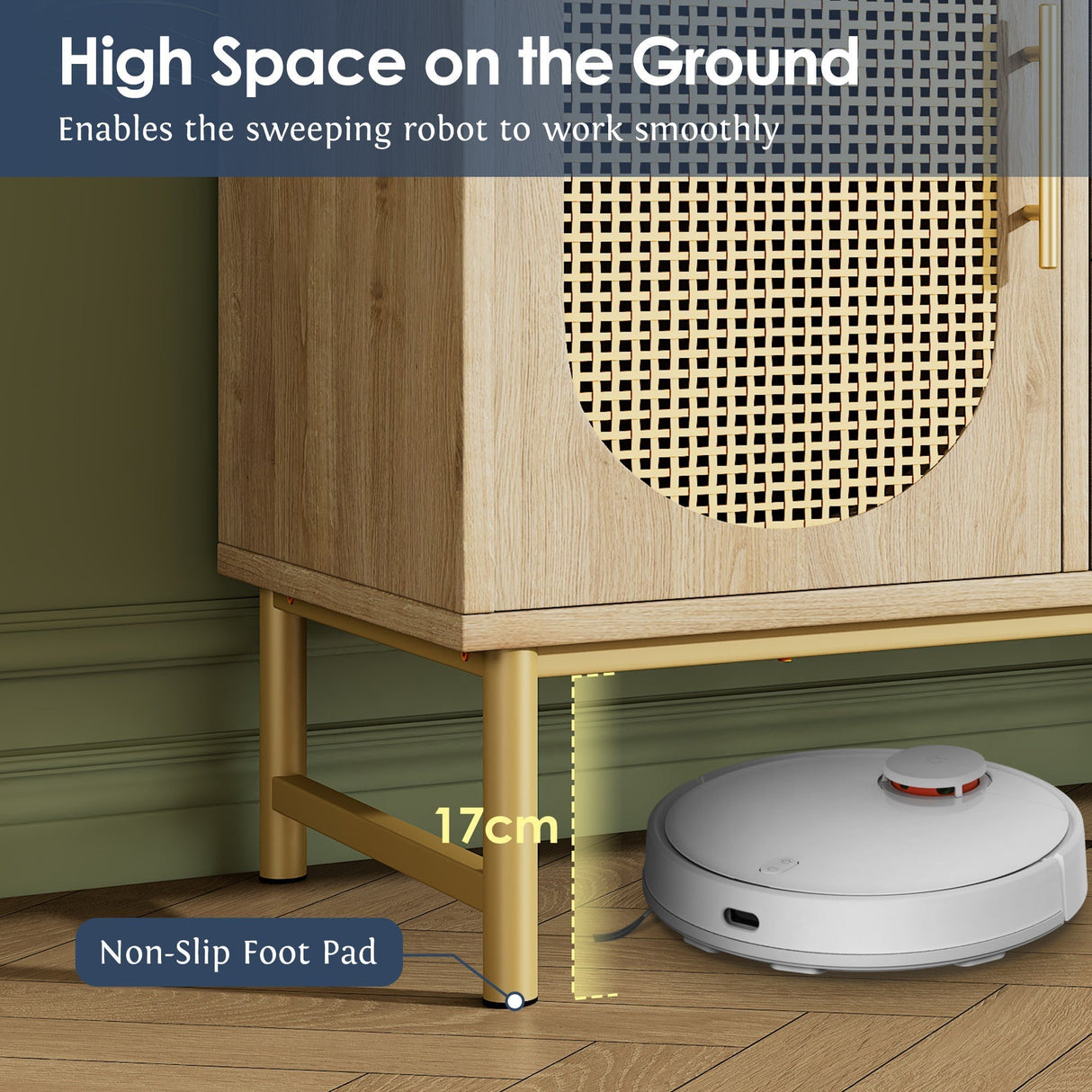 Rattan Sideboard Storage Cabinet with 2 Doors & 3 Drawers, Metal Handles, Adjustable Shelves, Oak