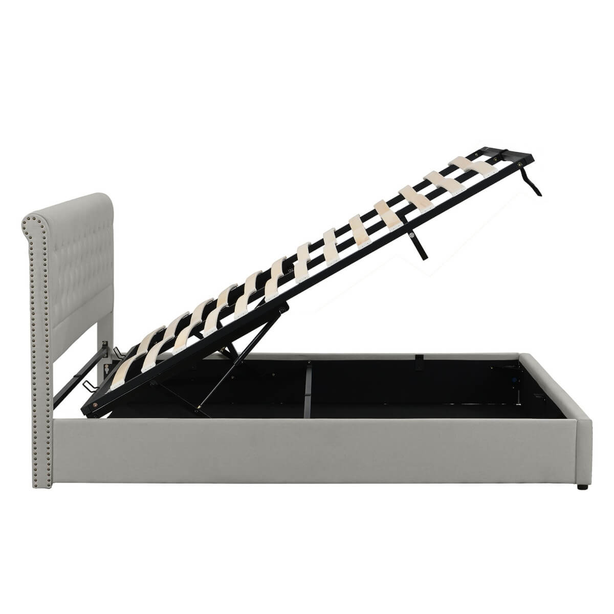 6FT Super King Upholstered Storage Bed - Hydraulic Ottoman Bed Frame with Rivets, Light Grey