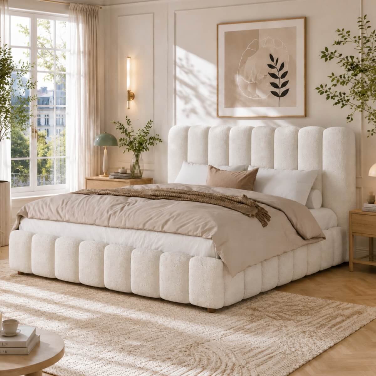 5ft King Upholstered Bed with Hydraulic Storage - White Bouclé Bed Frame with Padded Headboard & Slatted Base