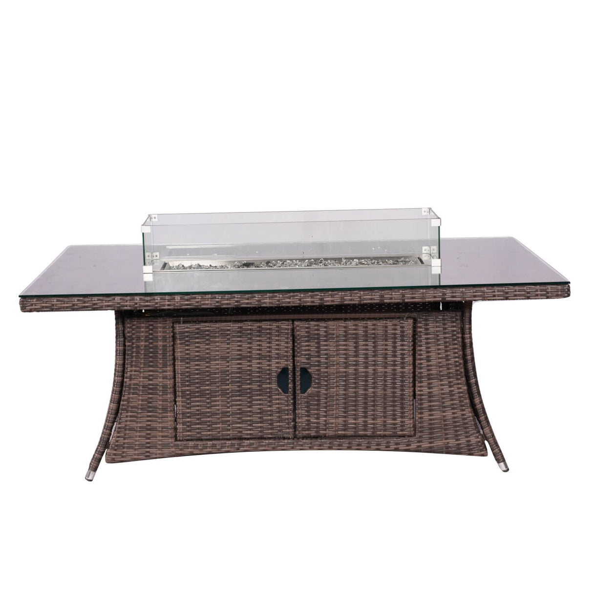 6 Seater Rattan Fire Pit Dining Table - Rectangular Outdoor Table with Glass Top