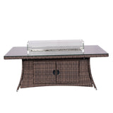 6 Seater Rattan Fire Pit Dining Table - Rectangular Outdoor Table with Glass Top