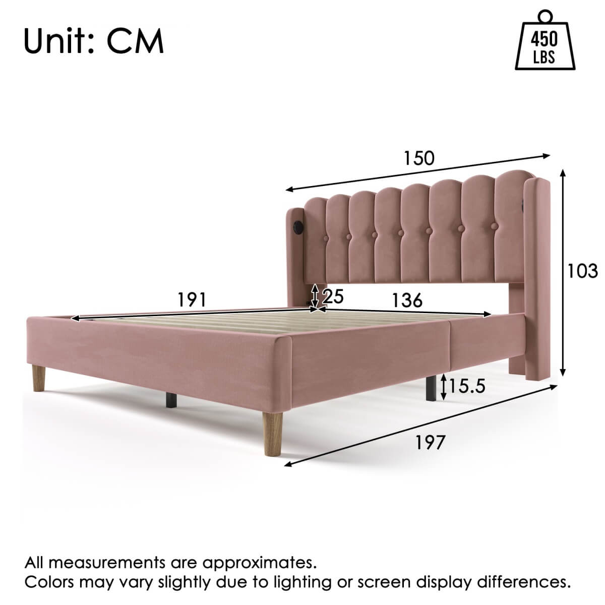 4ft6 Double Pink Velvet Bed – Upholstered Bed with USB & Type-C Charging for Teens & Gu est Rooms