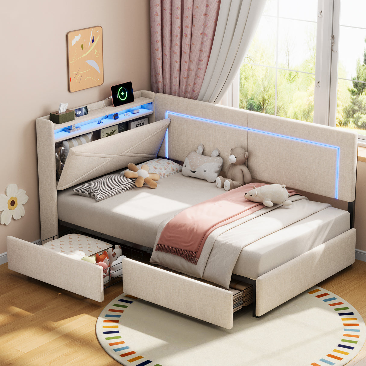 3ft Single Daybed with Two Storage Drawers, LED Concealed Headboard Storage with Charging Station, Modern Linen Sofa Bed for Living Room/ Bedroom/ Study Room, 90X190cm, Beige (No Mattress)