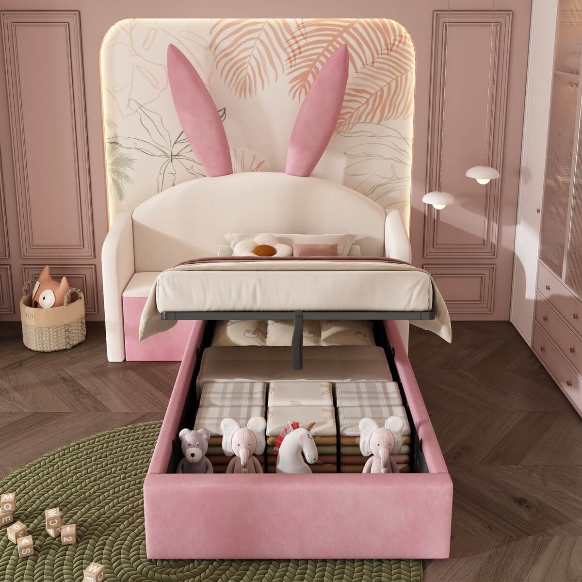 3ft Bunny Ears Kids Storage Bed with Hydraulic Lift & Bedside Shelf - Upholstered Single Bed, Beige & Pink