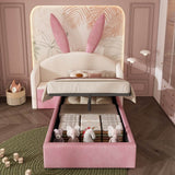 3ft Bunny Ears Kids Storage Bed with Hydraulic Lift & Bedside Shelf - Upholstered Single Bed, Beige & Pink