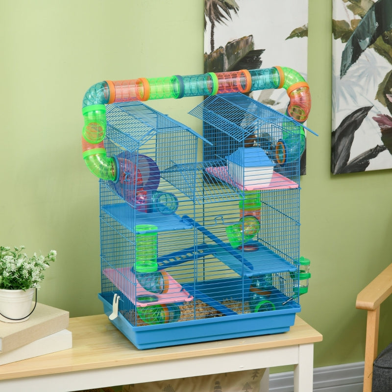 5 Tier Hamster Cage Carrier Habitat with Exercise Wheels, Tunnel, Water Bottle, Dishes, House, Ladder - Blue