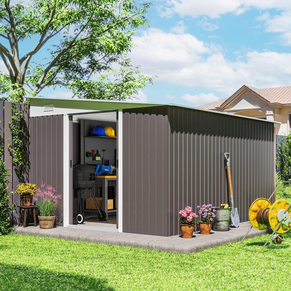 Lean to Metal Garden Shed with Double Sliding Doors and Vents, Grey