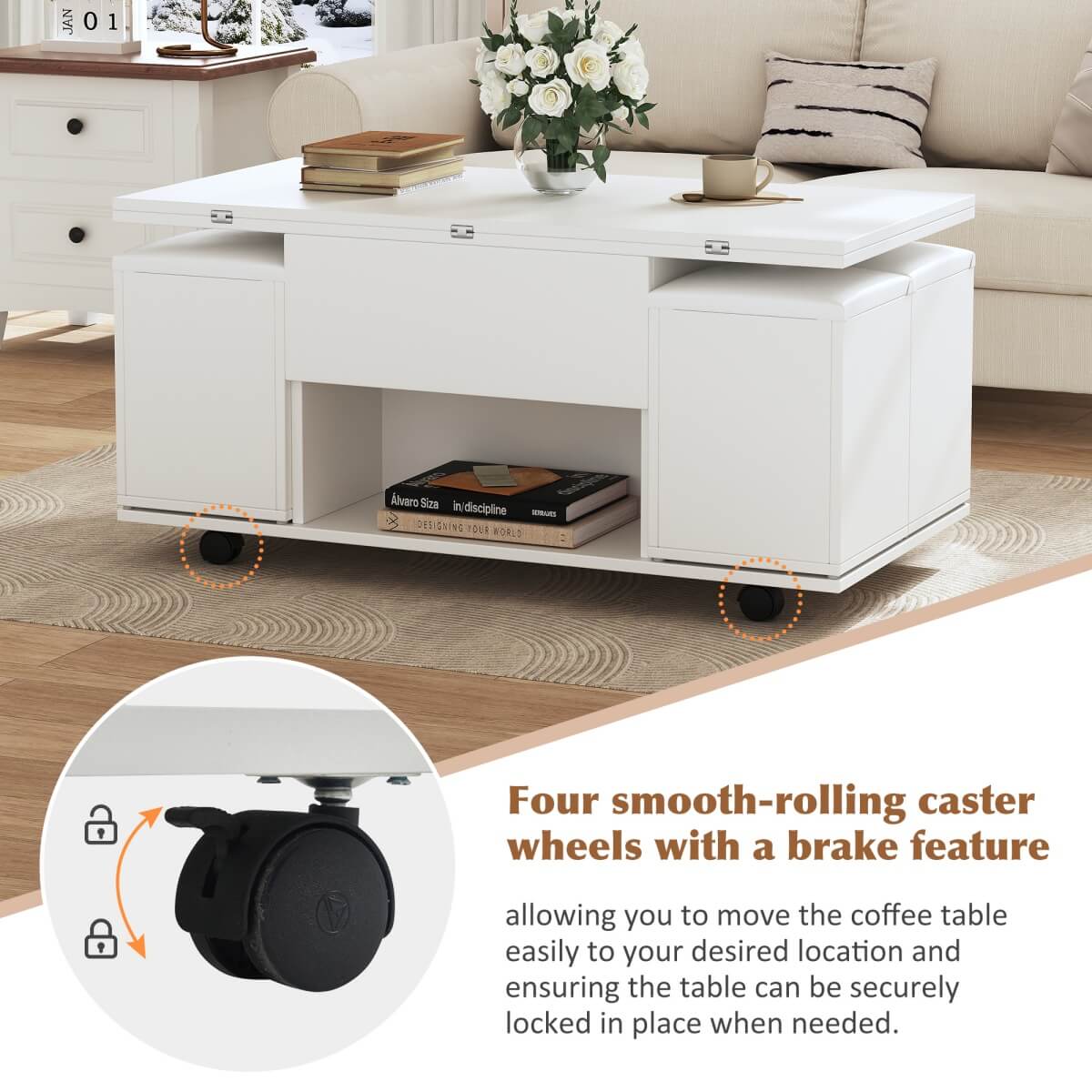 White Lift Top Coffee Table with Storage - Modern Living Room Coffee Table with Hidden Storage Compartment