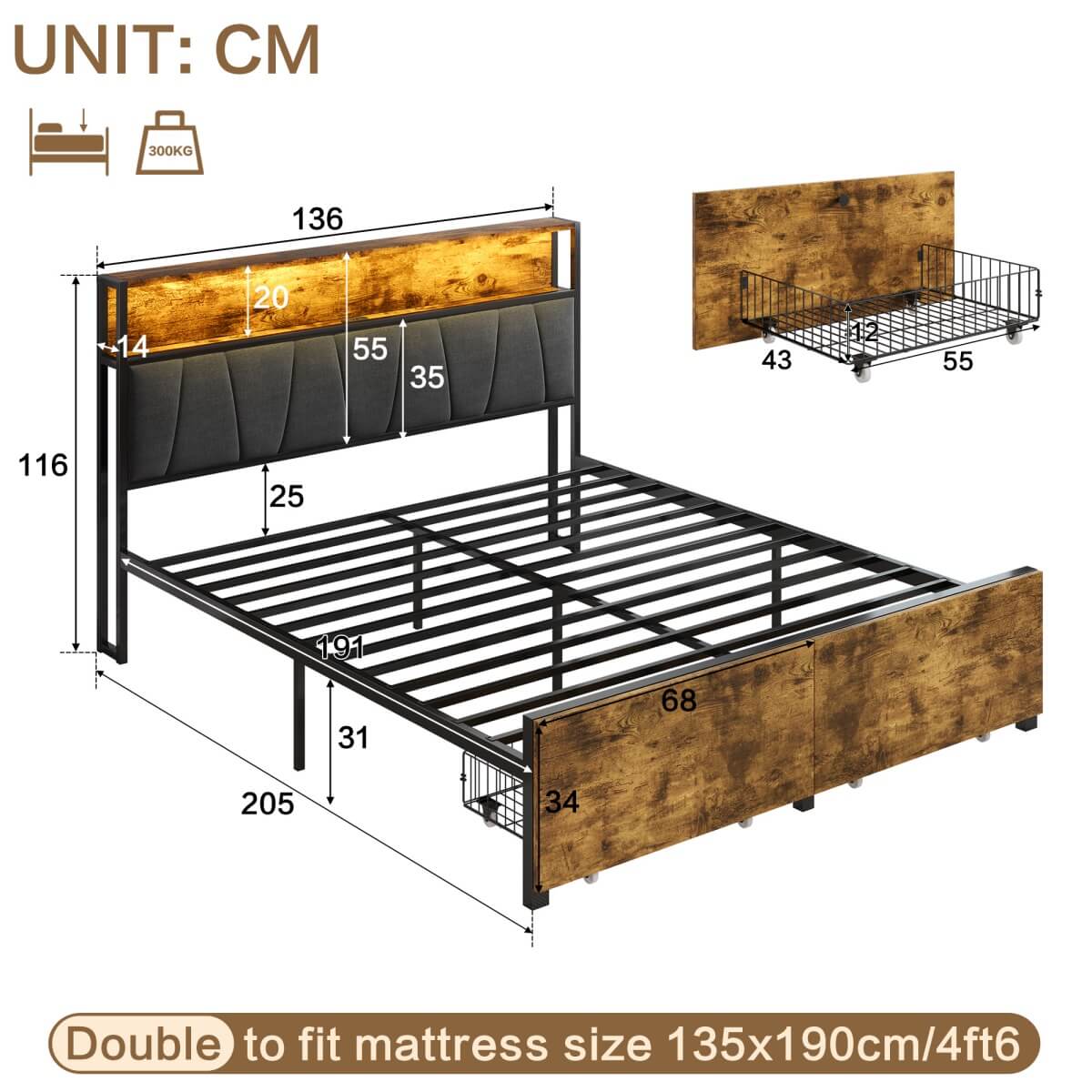 4ft6 Double Bed Frame with RGB LED Headboard - Metal Storage Bed with Charging Station & Drawers, Black Walnut