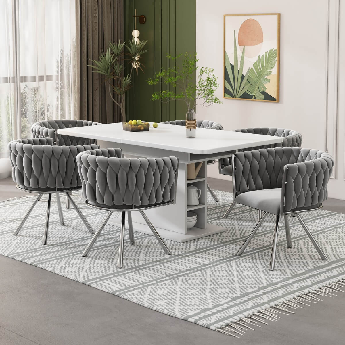 Set of 6 Velvet Swivel Dining Chairs - Upholstered Dining Chairs with 4 Metal Legs for Kitchen & Dining Room, Grey & Silver
