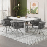 Set of 6 Velvet Swivel Dining Chairs - Upholstered Dining Chairs with 4 Metal Legs for Kitchen & Dining Room, Grey & Silver