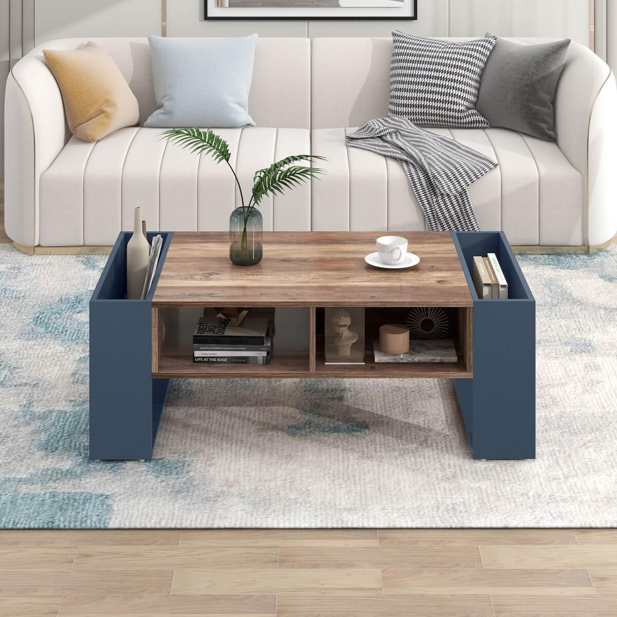 Wood Grain Coffee Table with Double-Sided Storage — Handleless Drawer & Open Compartments for Living Room or Office