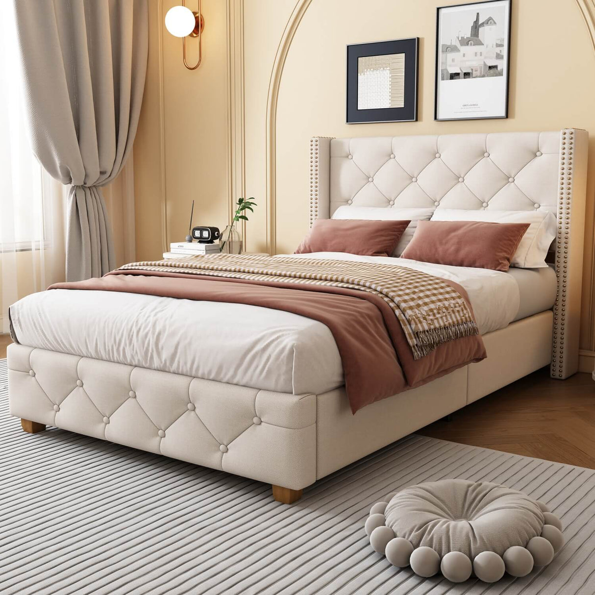3ft Single Upholstered Bed Frame – Beige Linen Bed with Button Tufted and Riveted Headboard