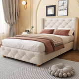 3ft Single Upholstered Bed Frame – Beige Linen Bed with Button Tufted and Riveted Headboard