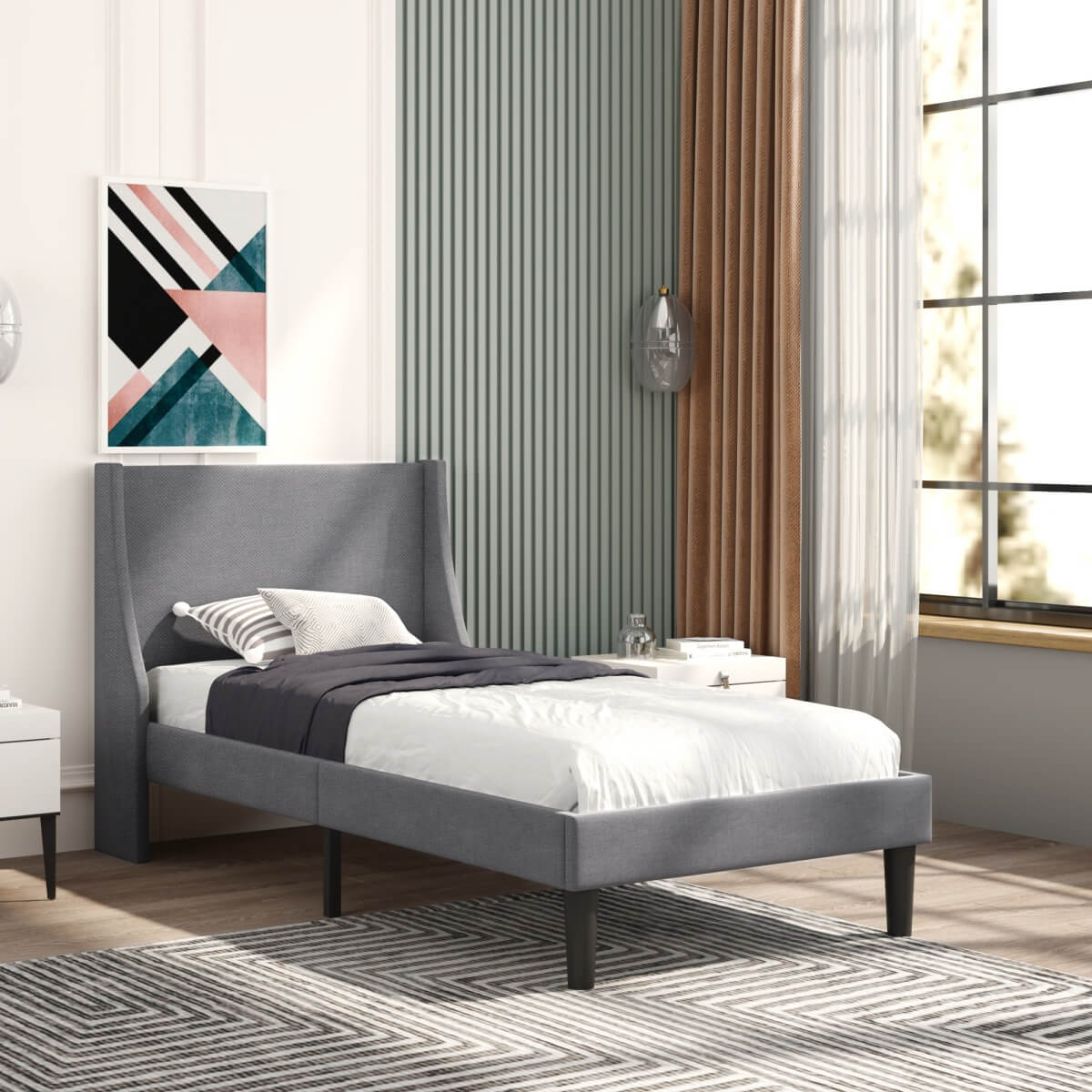 3ft Single Linen Upholstered Bed Frame - Winged Headboard, Grey