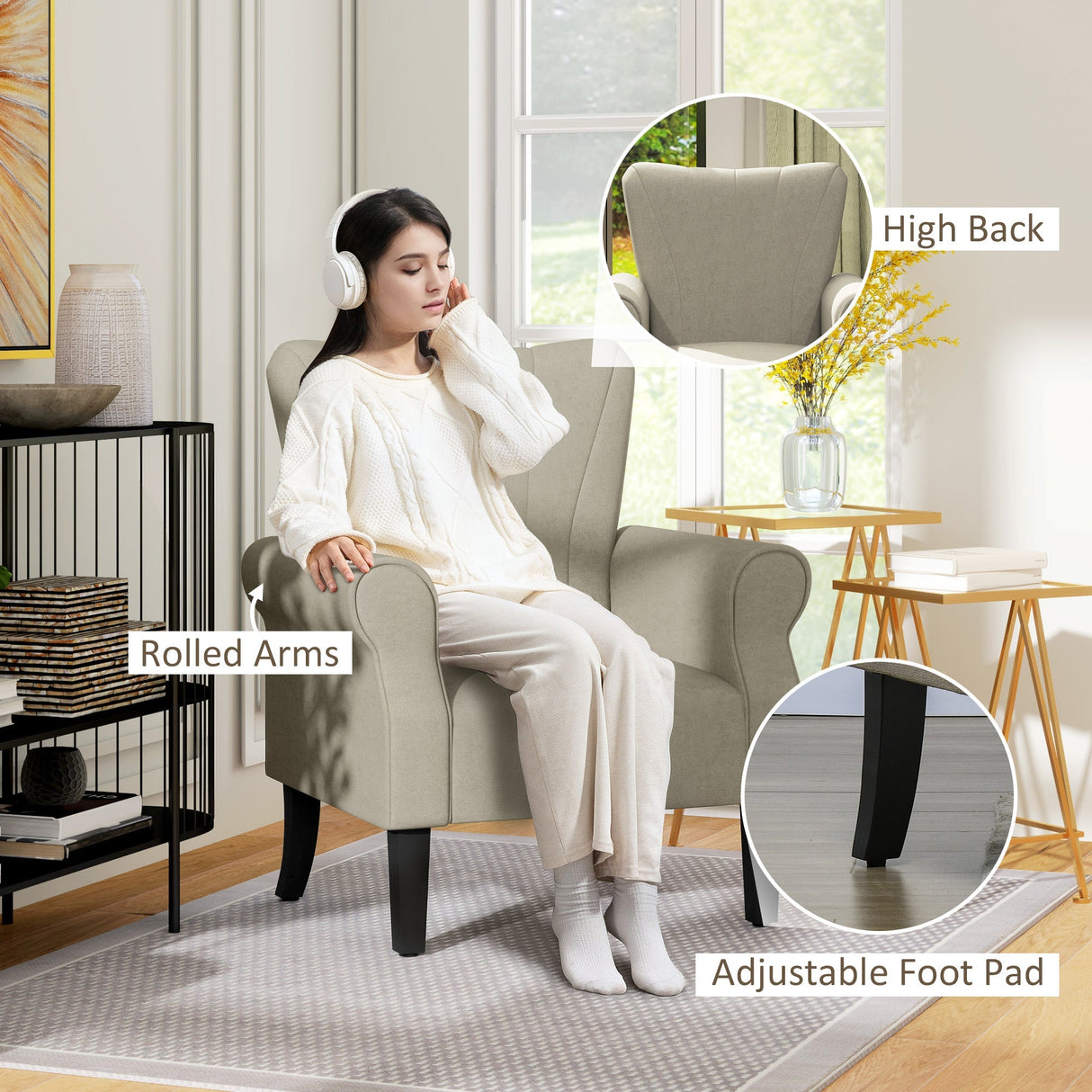 Upholstered Accent Chair with Rolled Arms and Wood Legs, Beige