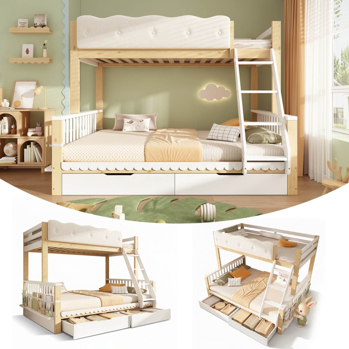 Wooden Bunk Bed for Kids - Single Over Double Bunk Bed with Drawers & Side Bookcase, White & Natural
