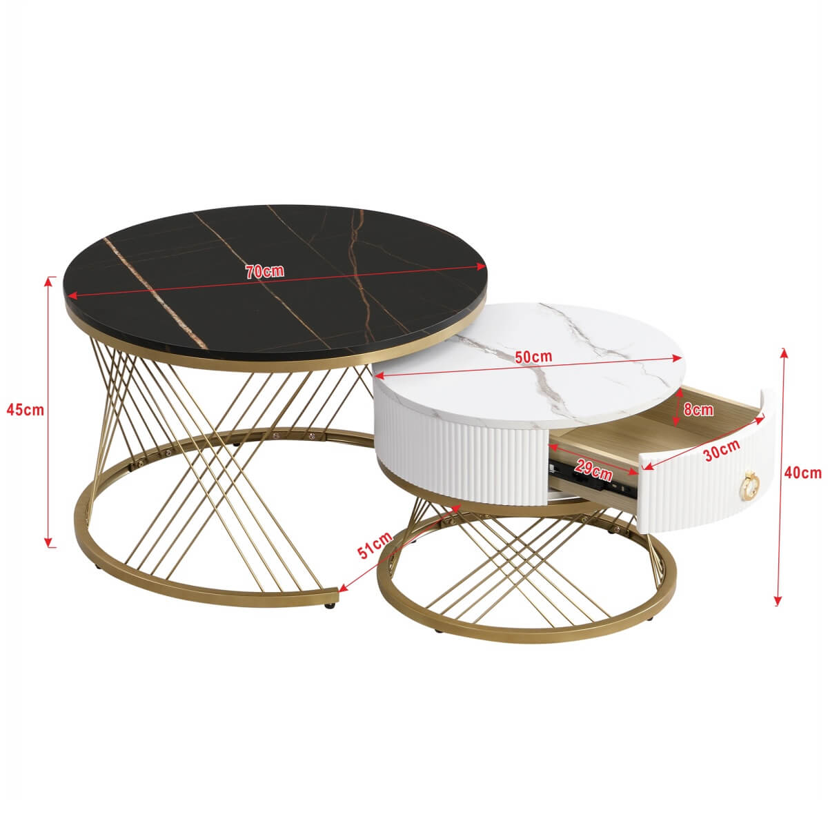 Nesting Coffee Table Set of 2 with Drawers - Marble Effect Tables with Gold Frame
