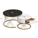 Nesting Coffee Table Set of 2 with Drawers - Marble Effect Tables with Gold Frame