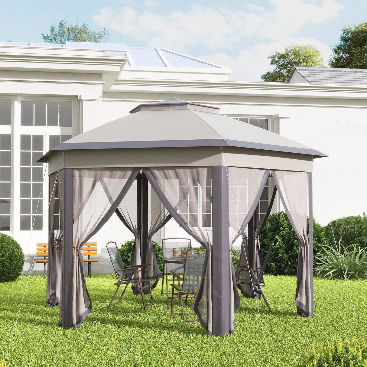 Garden Gazebo Hexagon Pop Up Tent Double Roof Instant Shelter with Netting, Beige