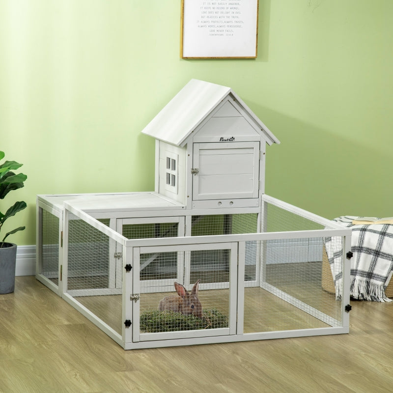 Indoor Rabbit Hutch Guinea Pig Cage with Slide-Out Tray, Large Fenced Area - Light Grey
