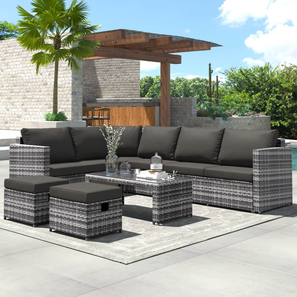 Garden Corner Rattan Sofa Set — Outdoor Furniture with Coffee Table & 2 Stools