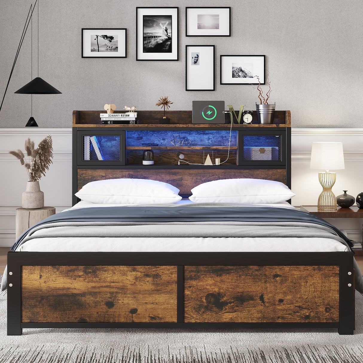Metal Bed, 4ft6 Double 135x190cm with LED, 2 Drawers & 3 Charge Ports, Black/Wood
