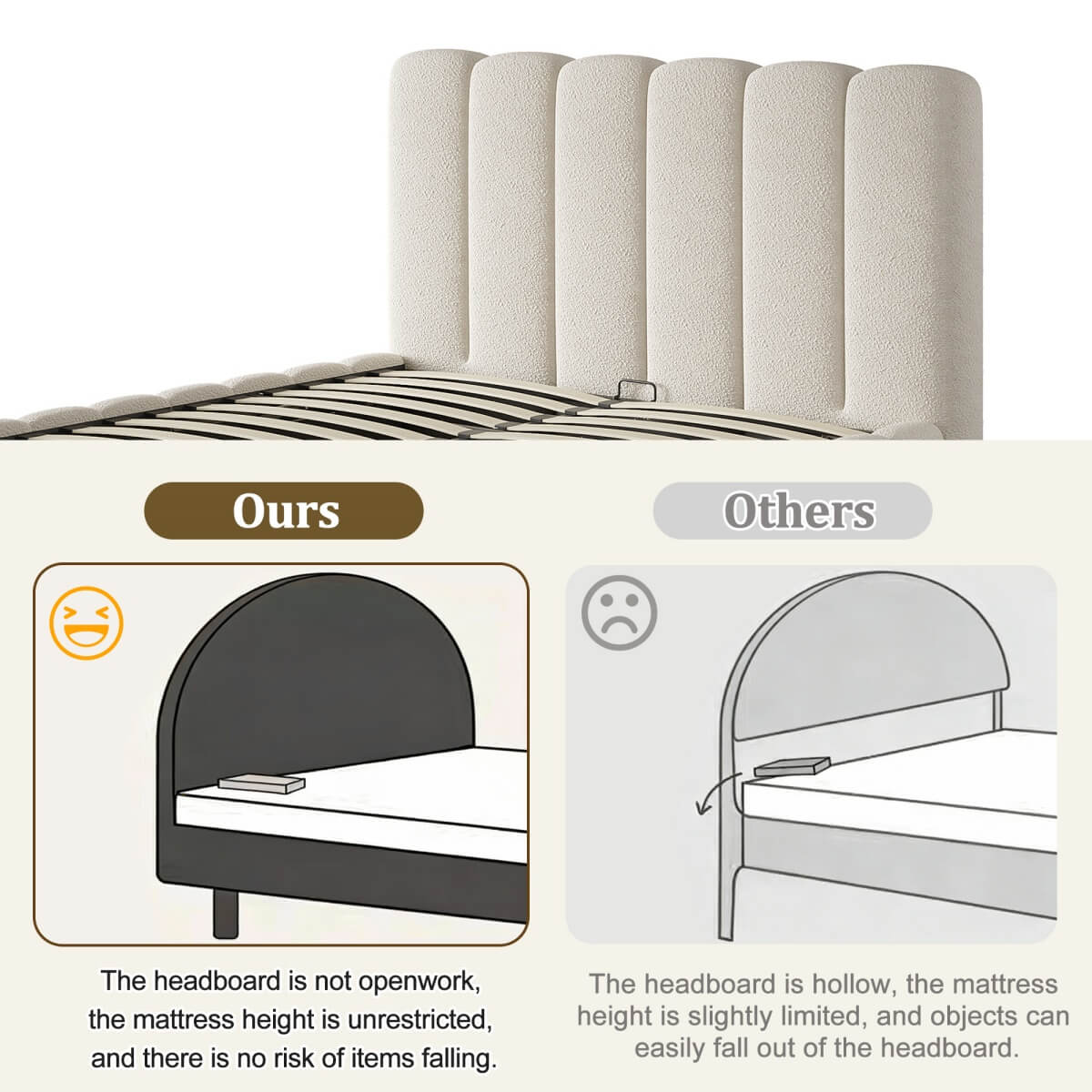 4ft6 Double Upholstered Bed with Hydraulic Storage - White Bouclé Bed Frame with Padded Headboard & Slatted Base
